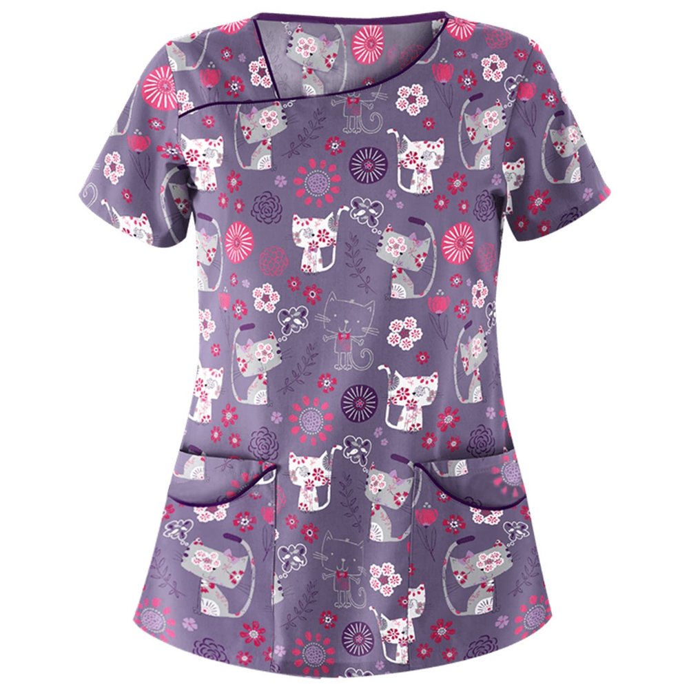 PETYCZEN Summer Tops for Women 2023, Cute Graphic Tees Casual Short Sleeve V Neck Scrub Tops Plus Size Shirts Stretch Working Nurse Uniform Dressy Blouses Tunic with Pockets(D-Purple,X-Large)