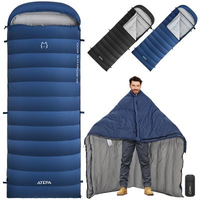 ATEPA Down Sleeping Bag for Adults, Lightweight 30F 40F Cold Weather 3 Season Backpacking Sleeping Bag, with Wearable Rectangle Wide Design & Compression Sack for Hiking Camping, Navy