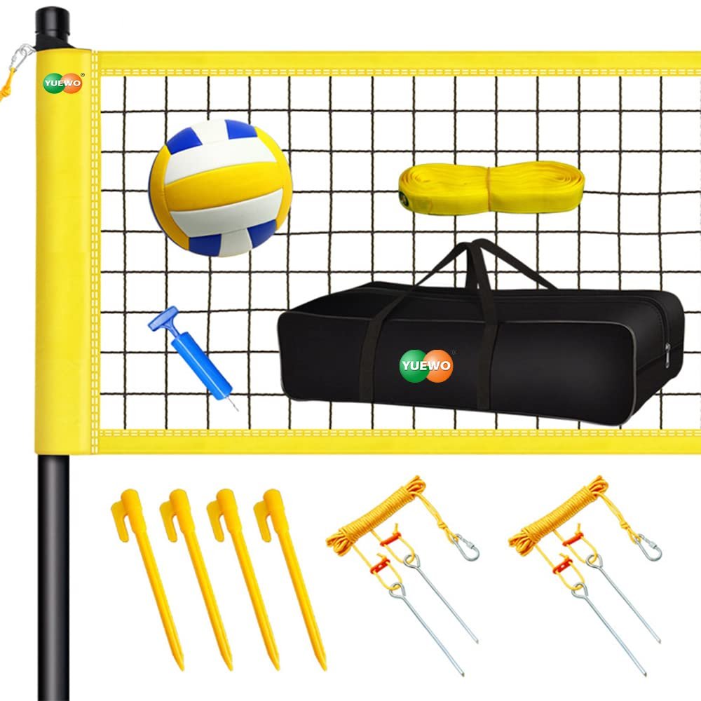 YUEWO Outdoor Portable Volleyball Net Set System, PU Volleyball with Carry Bag for Backyard and Beach, Professional Height Adjustable Steel Poles