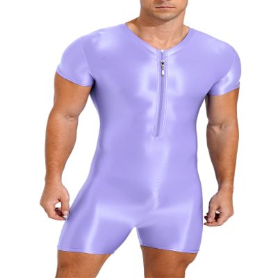 Hedmy Men Zipper Front Full Body Shaper Bodysuits Workout Biketard Unitard Rompers Wrestling Singlet Light Purple X-Large
