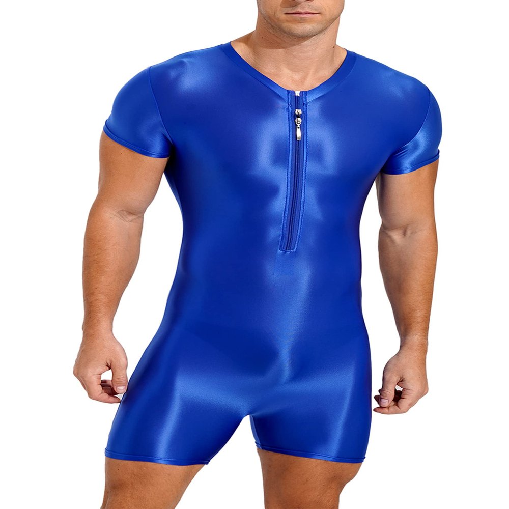 YONGHS Men's Glossy Short Sleeve Zipper Front Gym Workout Undershirt Romper Overall Shorts Jumpsuit Blue Medium