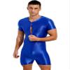 YONGHS Men's Glossy Short Sleeve Zipper Front Gym Workout Undershirt Romper Overall Shorts Jumpsuit Blue Medium view 2