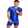 YONGHS Men's Glossy Short Sleeve Zipper Front Gym Workout Undershirt Romper Overall Shorts Jumpsuit Blue Medium view 3