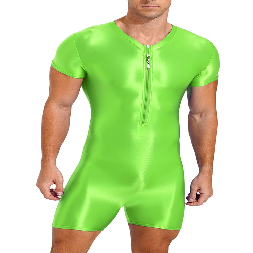 Hedmy Men Zipper Front Full Body Shaper Bodysuits Workout Biketard Unitard Rompers Wrestling Singlet Fluorescent Green X-Large