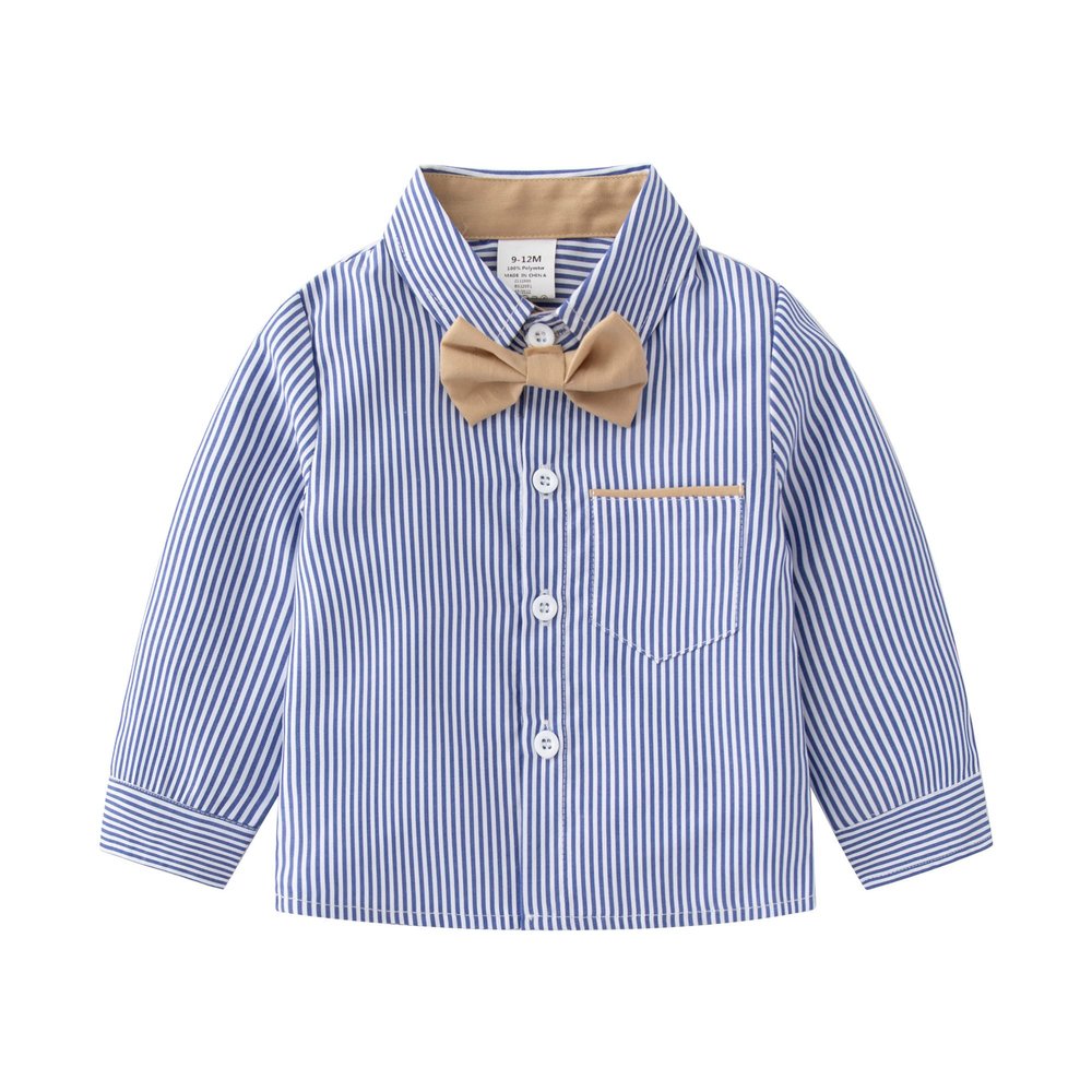 Boarnseorl Baby Toddler Boys Long Sleeves Button Down Shirt with Bow Tie,9-12 Months Light Blue