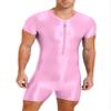 Lejafay Men's Glossy Zipper Front Bodysuit Workout Dance Biketard Unitard Wrestling Singlet Jumpsuit Pink X-Large view 1