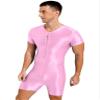 Lejafay Men's Glossy Zipper Front Bodysuit Workout Dance Biketard Unitard Wrestling Singlet Jumpsuit Pink X-Large view 2
