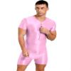Lejafay Men's Glossy Zipper Front Bodysuit Workout Dance Biketard Unitard Wrestling Singlet Jumpsuit Pink X-Large view 4