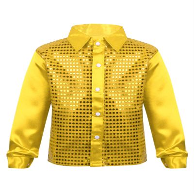 Yruioon Kids Boys Sparkle Sequins Long Sleeve Button Down Shirt Latin Jazz Dance Stage Performance Costume Gold 12-14 Years