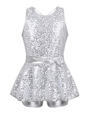 Yruioon Girls Sequins Criss-Cross Back Latin Jazz Dance Dress Leotard Stage Performance Costume Dancewear White 10 Years