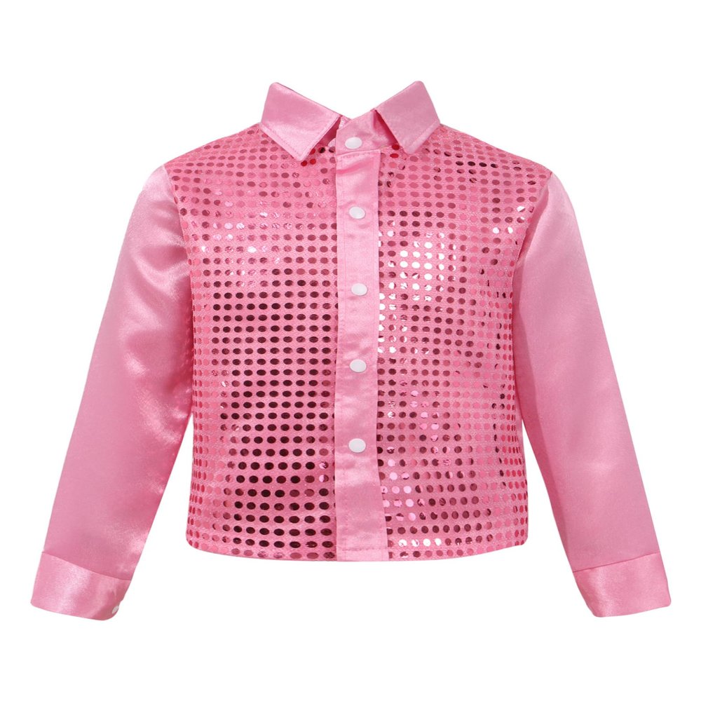 Yruioon Kids Boys Sparkle Sequins Long Sleeve Button Down Shirt Latin Jazz Dance Stage Performance Costume Pink 10-12 Years