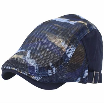 Reyox Unisex Breathable Mesh Summer Cap Adjustable Camo Flat Cap Beret Cabbie Ivy Hat Navy Blue Camouflage
