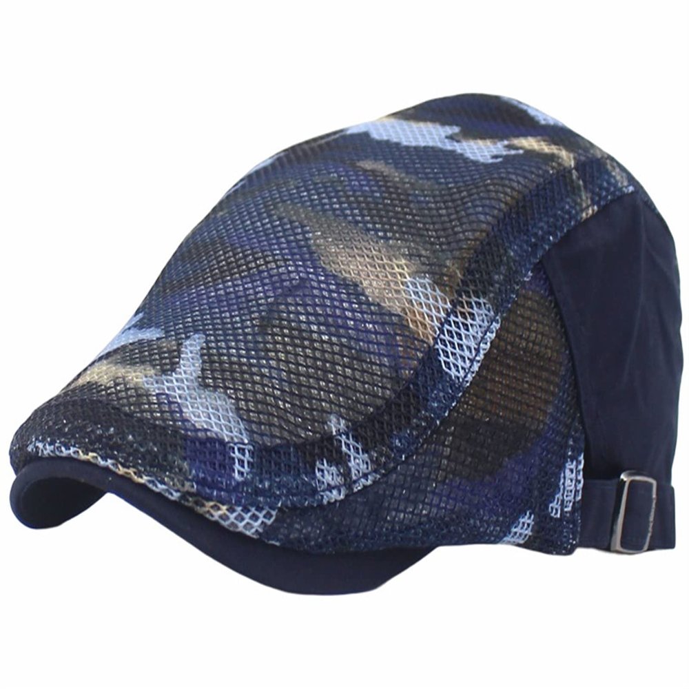 Reyox Unisex Breathable Mesh Summer Cap Adjustable Camo Flat Cap Beret Cabbie Ivy Hat Navy Blue Camouflage