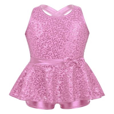 Yruioon Girls Sequins Criss-Cross Back Latin Jazz Dance Dress Leotard Stage Performance Costume Dancewear Pink 6 Years
