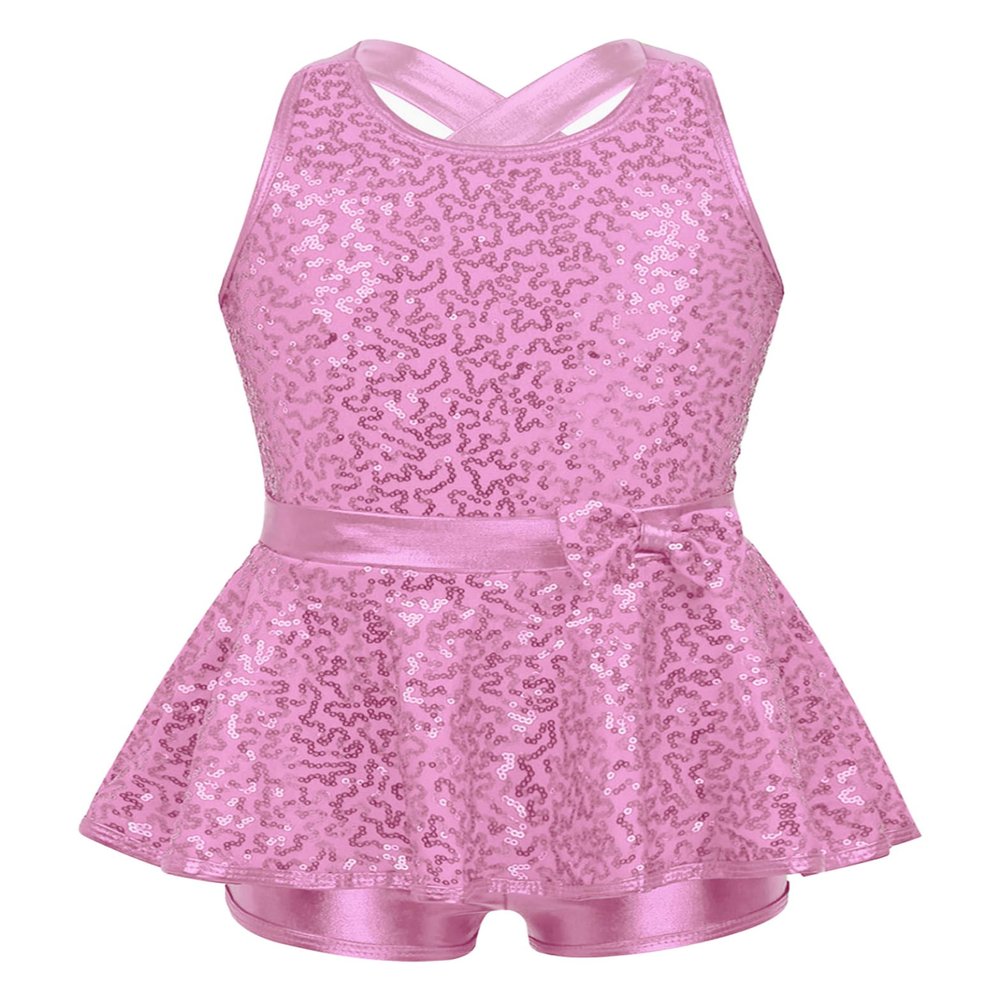 Yruioon Girls Sequins Criss-Cross Back Latin Jazz Dance Dress Leotard Stage Performance Costume Dancewear Pink 6 Years
