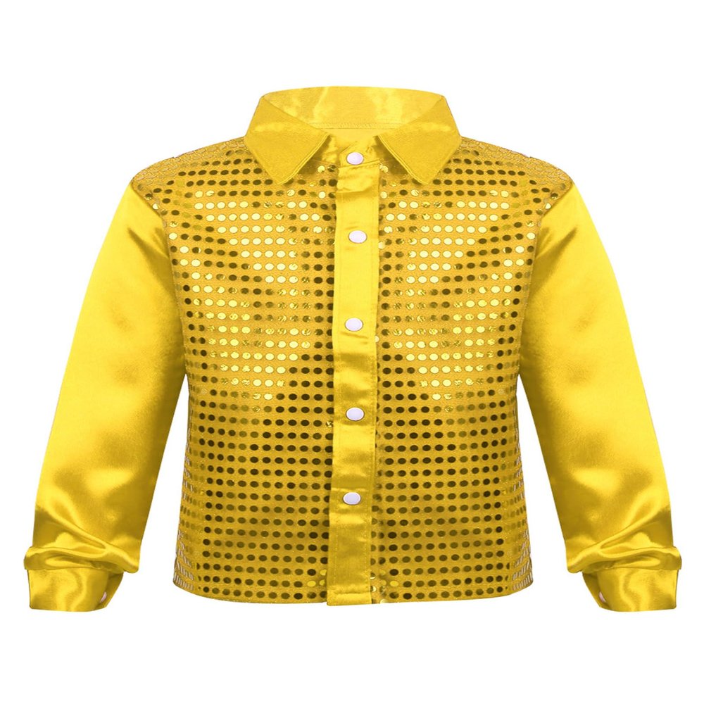 Yruioon Kids Boys Sparkle Sequins Long Sleeve Button Down Shirt Latin Jazz Dance Stage Performance Costume Gold 8-10 Years