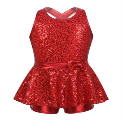Yruioon Girls Sequins Criss-Cross Back Latin Jazz Dance Dress Leotard Stage Performance Costume Dancewear Red 16 Years