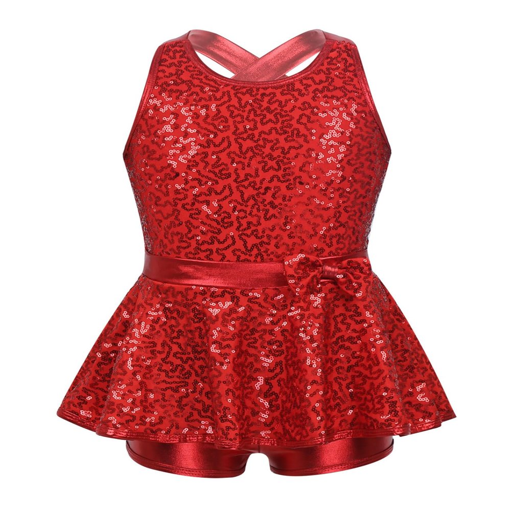 Yruioon Girls Sequins Criss-Cross Back Latin Jazz Dance Dress Leotard Stage Performance Costume Dancewear Red 16 Years