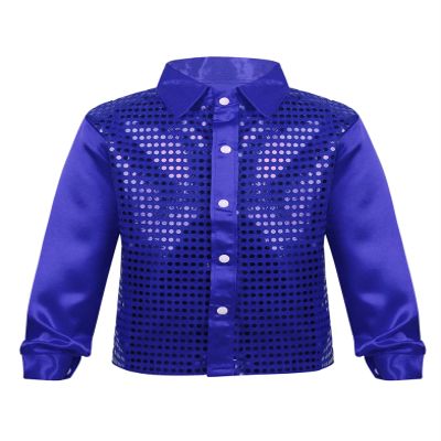 Yruioon Kids Boys Sparkle Sequins Long Sleeve Button Down Shirt Latin Jazz Dance Stage Performance Costume Blue 4-5 Years