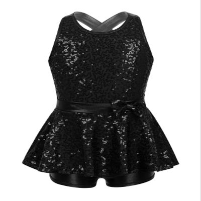 Yruioon Girls Sequins Criss-Cross Back Latin Jazz Dance Dress Leotard Stage Performance Costume Dancewear Black 8 Years
