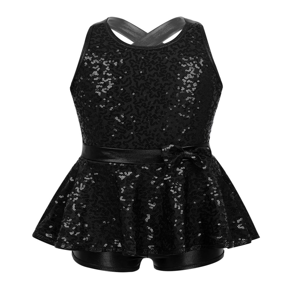 Yruioon Girls Sequins Criss-Cross Back Latin Jazz Dance Dress Leotard Stage Performance Costume Dancewear Black 8 Years