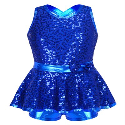 Yruioon Girls Sequins Criss-Cross Back Latin Jazz Dance Dress Leotard Stage Performance Costume Dancewear Royal Blue 16 Years
