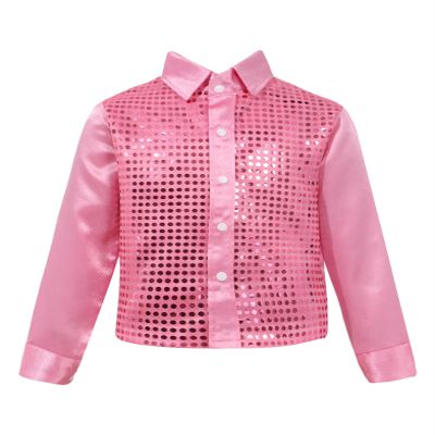 Yruioon Kids Boys Sparkle Sequins Long Sleeve Button Down Shirt Latin Jazz Dance Stage Performance Costume Pink 7-8 Years
