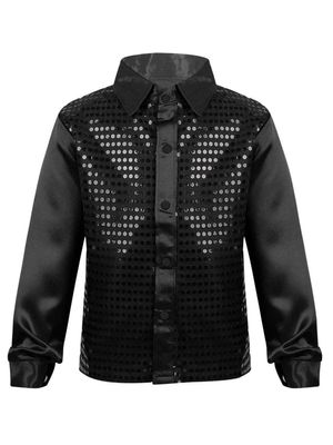 Yruioon Kids Boys Sparkle Sequins Long Sleeve Button Down Shirt Latin Jazz Dance Stage Performance Costume Black 12-14 Years