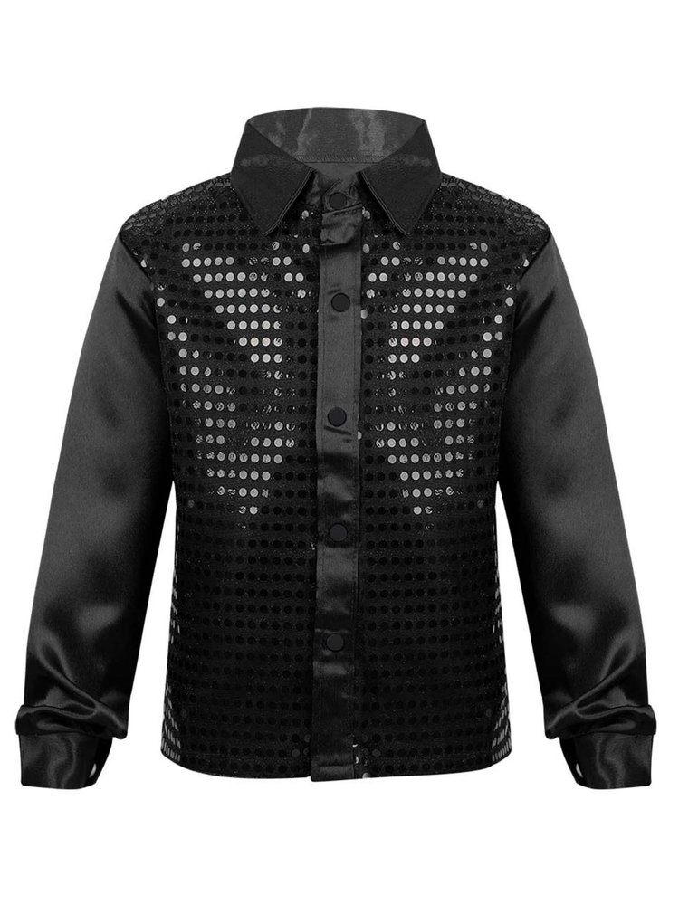 Yruioon Kids Boys Sparkle Sequins Long Sleeve Button Down Shirt Latin Jazz Dance Stage Performance Costume Black 12-14 Years
