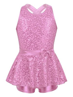 Yruioon Girls Sequins Criss-Cross Back Latin Jazz Dance Dress Leotard Stage Performance Costume Dancewear Pink 10 Years
