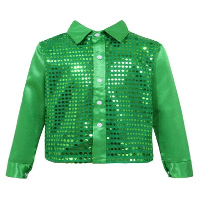 Yruioon Kids Boys Sparkle Sequins Long Sleeve Button Down Shirt Latin Jazz Dance Stage Performance Costume Green 8-10 Years