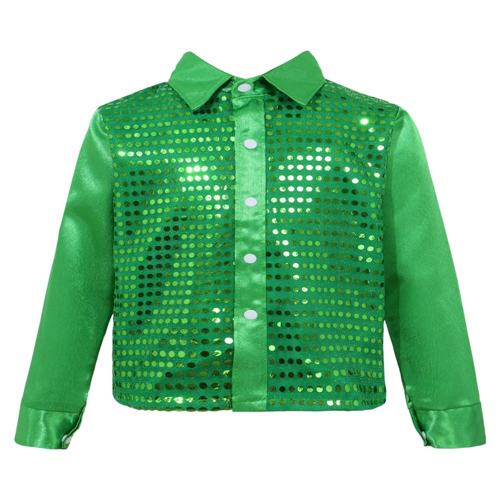Yruioon Kids Boys Sparkle Sequins Long Sleeve Button Down Shirt Latin Jazz Dance Stage Performance Costume Green 8-10 Years