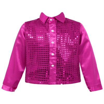 Yruioon Kids Boys Sparkle Sequins Long Sleeve Button Down Shirt Latin Jazz Dance Stage Performance Costume Rose 12-14 Years