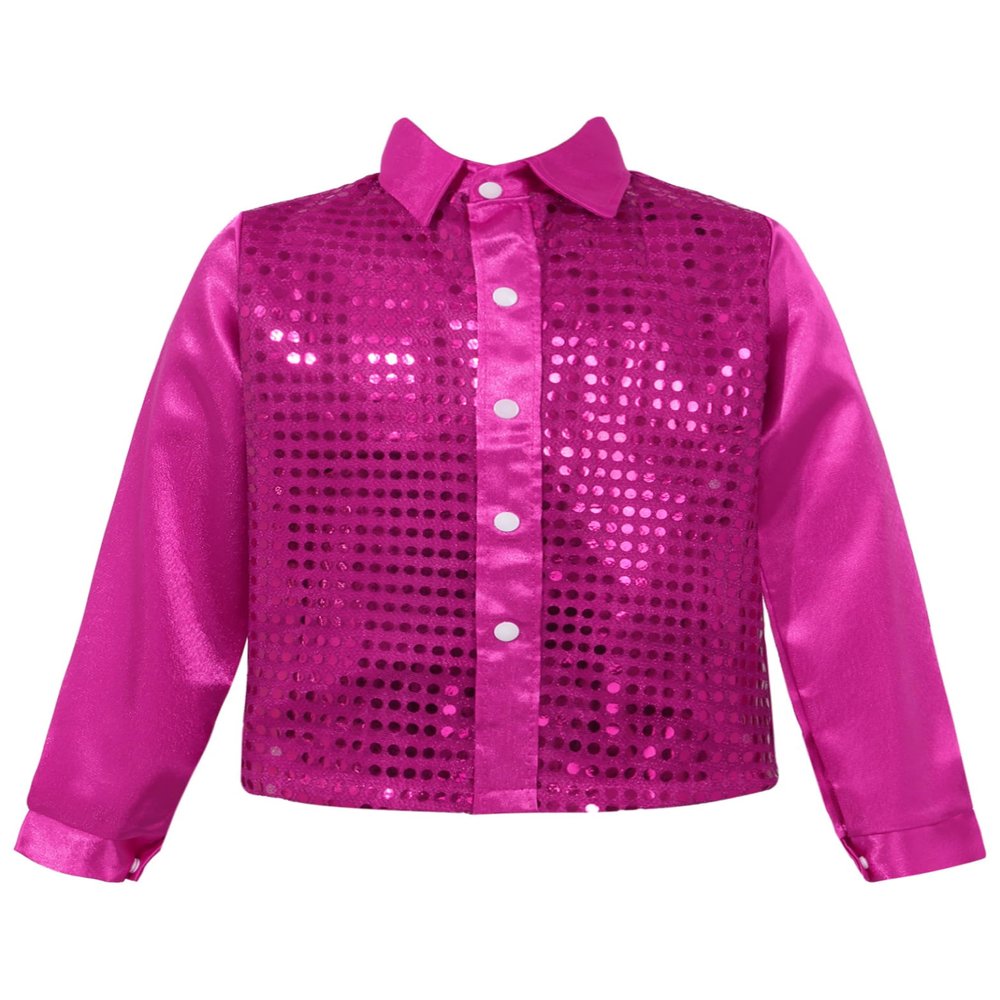 Yruioon Kids Boys Sparkle Sequins Long Sleeve Button Down Shirt Latin Jazz Dance Stage Performance Costume Rose 12-14 Years