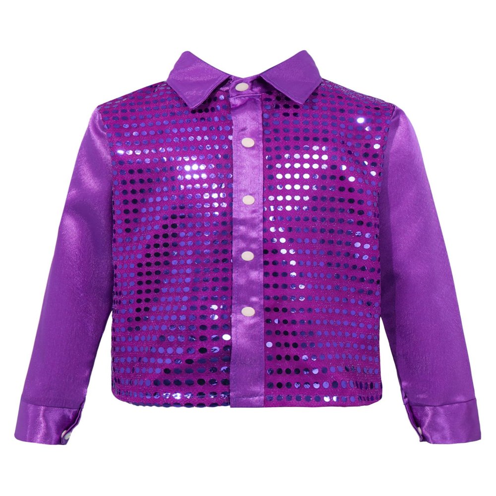 Yruioon Kids Boys Sparkle Sequins Long Sleeve Button Down Shirt Latin Jazz Dance Stage Performance Costume Purple 8-10 Years