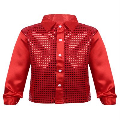 Yruioon Kids Boys Sparkle Sequins Long Sleeve Button Down Shirt Latin Jazz Dance Stage Performance Costume Red 4-5 Years