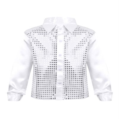 Yruioon Kids Boys Sparkle Sequins Long Sleeve Button Down Shirt Latin Jazz Dance Stage Performance Costume White 12-14 Years