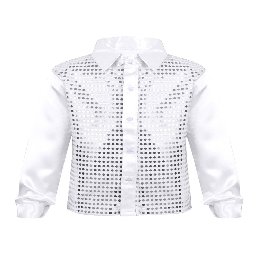 Yruioon Kids Boys Sparkle Sequins Long Sleeve Button Down Shirt Latin Jazz Dance Stage Performance Costume White 12-14 Years