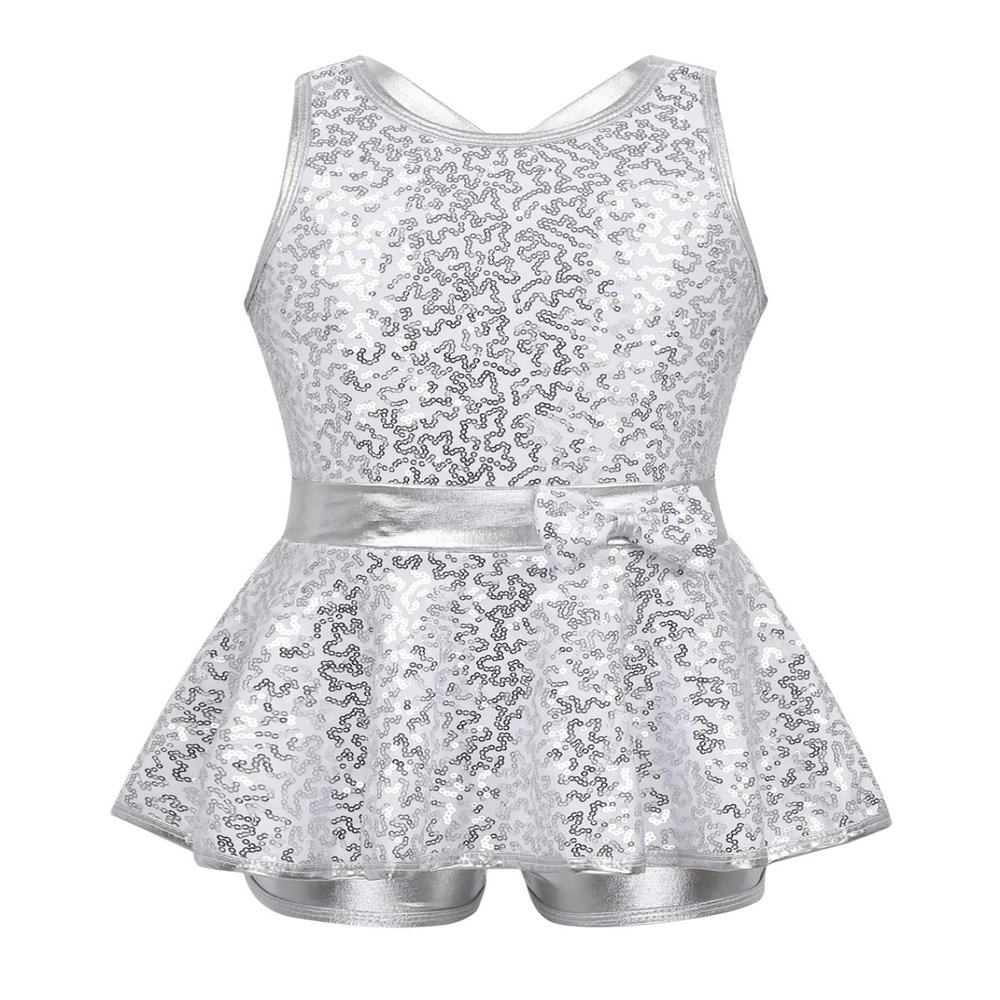 Yruioon Girls Sequins Criss-Cross Back Latin Jazz Dance Dress Leotard Stage Performance Costume Dancewear White 16 Years
