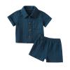 Baby Boys Clothes Set Toddler Infant Boys Button-Down Shirt Tops + Cotton Gauze Shorts Summer Outfit 2PCS with Pockets (Navy Blue, 0-6 Months) view 1
