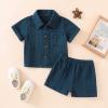 Baby Boys Clothes Set Toddler Infant Boys Button-Down Shirt Tops + Cotton Gauze Shorts Summer Outfit 2PCS with Pockets (Navy Blue, 0-6 Months) view 2