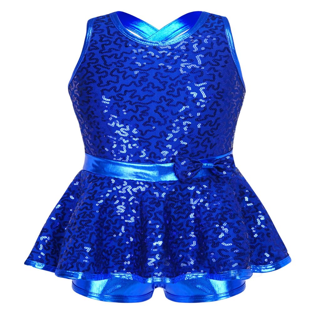 Yruioon Girls Sequins Criss-Cross Back Latin Jazz Dance Dress Leotard Stage Performance Costume Dancewear Royal Blue 12 Years