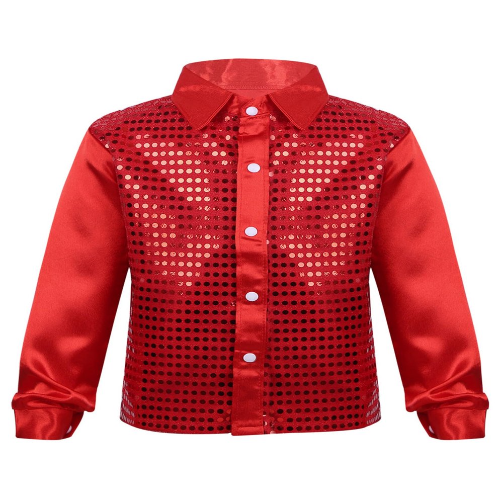Yruioon Kids Boys Sparkle Sequins Long Sleeve Button Down Shirt Latin Jazz Dance Stage Performance Costume Red 7-8 Years