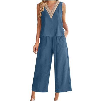 2023 Summer Women's 2 Piece Outfits Lounge Matching Sets Two Piece Cotton Linen Shorts Crop Tops Plus Size Tracksuits