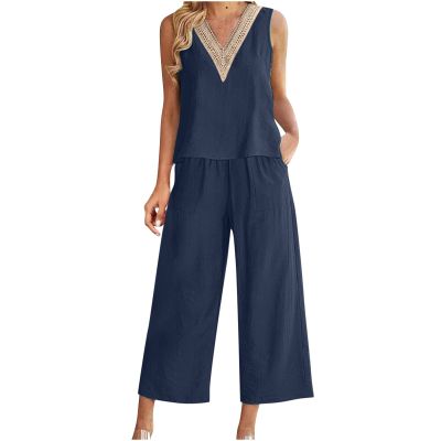 2023 Summer Women's 2 Piece Outfits Lounge Matching Sets Two Piece Cotton Linen Shorts Crop Tops Plus Size Tracksuits