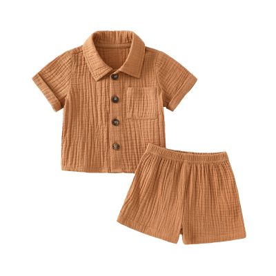 Baby Boys Clothes Set Toddler Infant Boys Button-Down Shirt Tops + Cotton Gauze Shorts Summer Outfit 2PCS with Pockets (Brown, 0-6 Months)