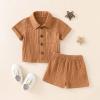 Baby Boys Clothes Set Toddler Infant Boys Button-Down Shirt Tops + Cotton Gauze Shorts Summer Outfit 2PCS with Pockets (Brown, 0-6 Months) view 2