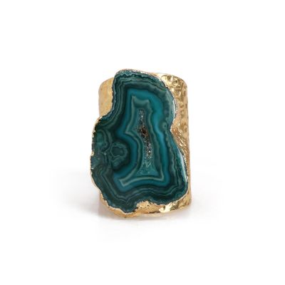 Dazzle Appeal Natural Agate Slice Adjustable Statement Cuff Ring Brass Gold Plated Open Cuff Stone Size approximately 25-30mm (Green)
