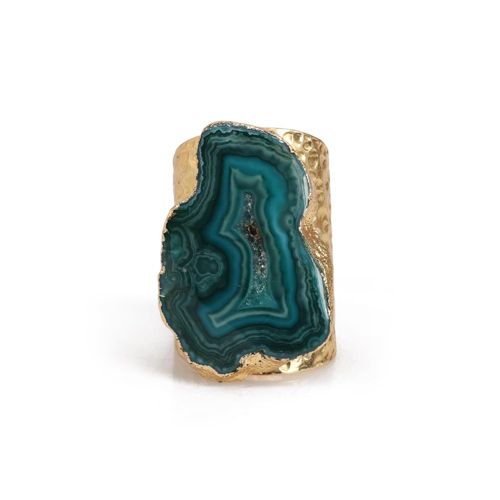 Dazzle Appeal Natural Agate Slice Adjustable Statement Cuff Ring Brass Gold Plated Open Cuff Stone Size approximately 25-30mm (Green)
