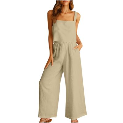 2023 Summer Womens Cotton Linen 2 Piece Outfits Crop Tank Tops and Wide Leg Pants Set Casual Lounge Tracksuits Sets